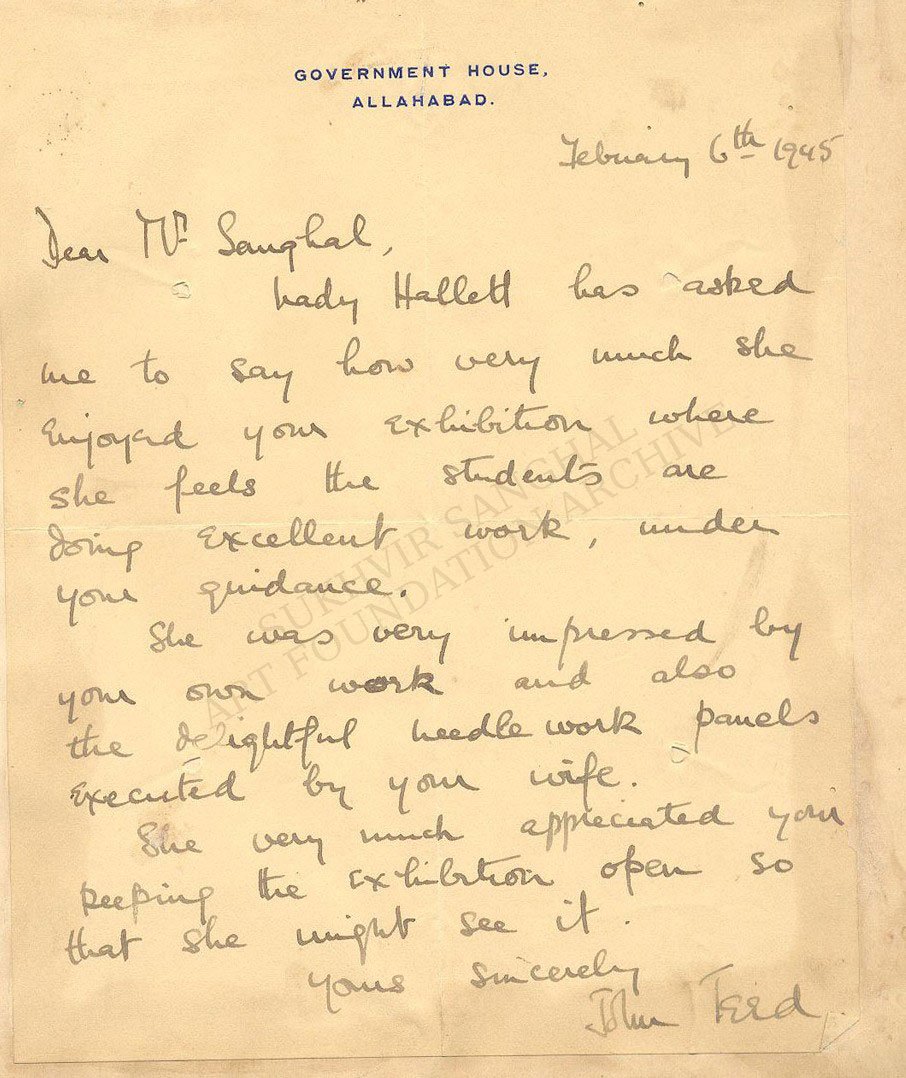 Document mentioning Lady Hallett visiting sukhvir sanghals forcce art exhibition at allahabad